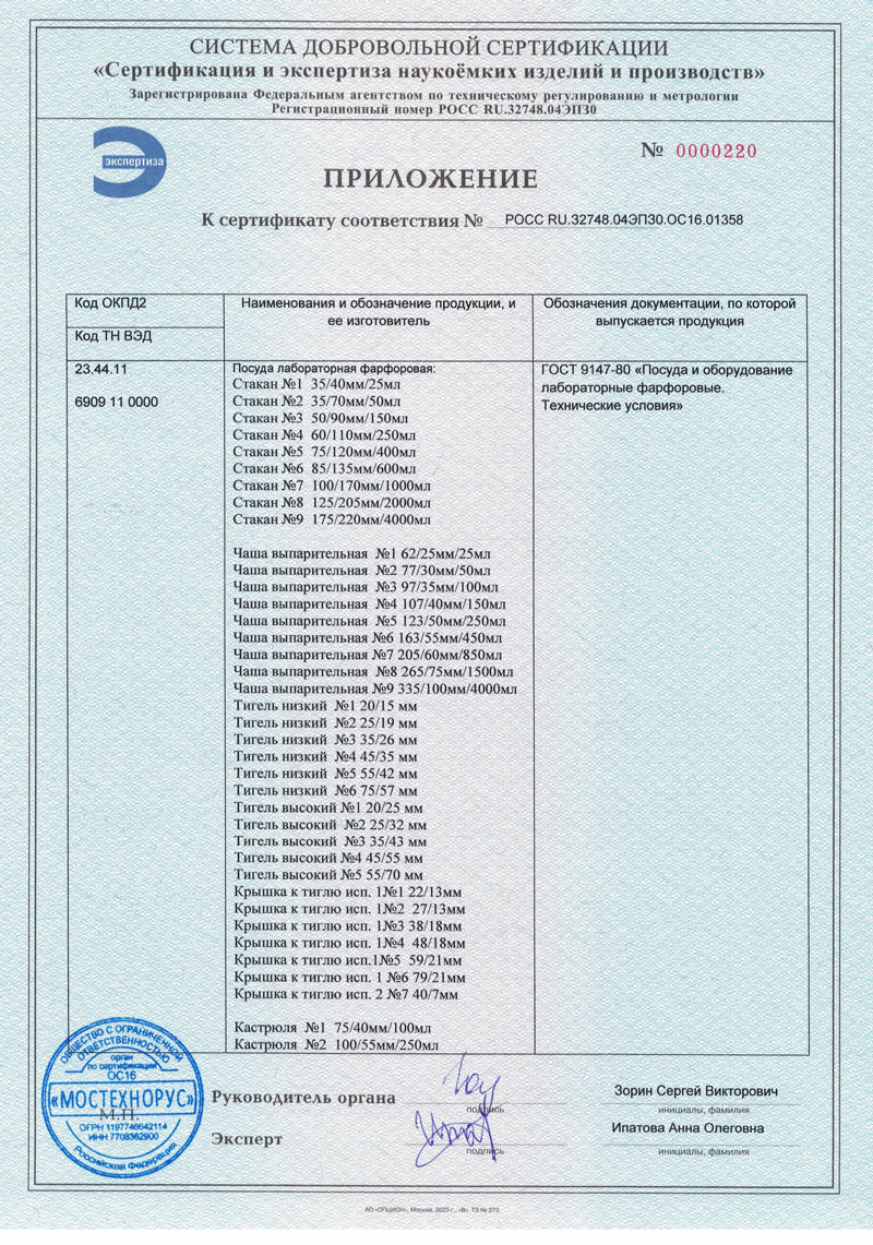 Посуда лабор. фарфоровая. Оятская керамика. Сертификат до 13.11.2027-2