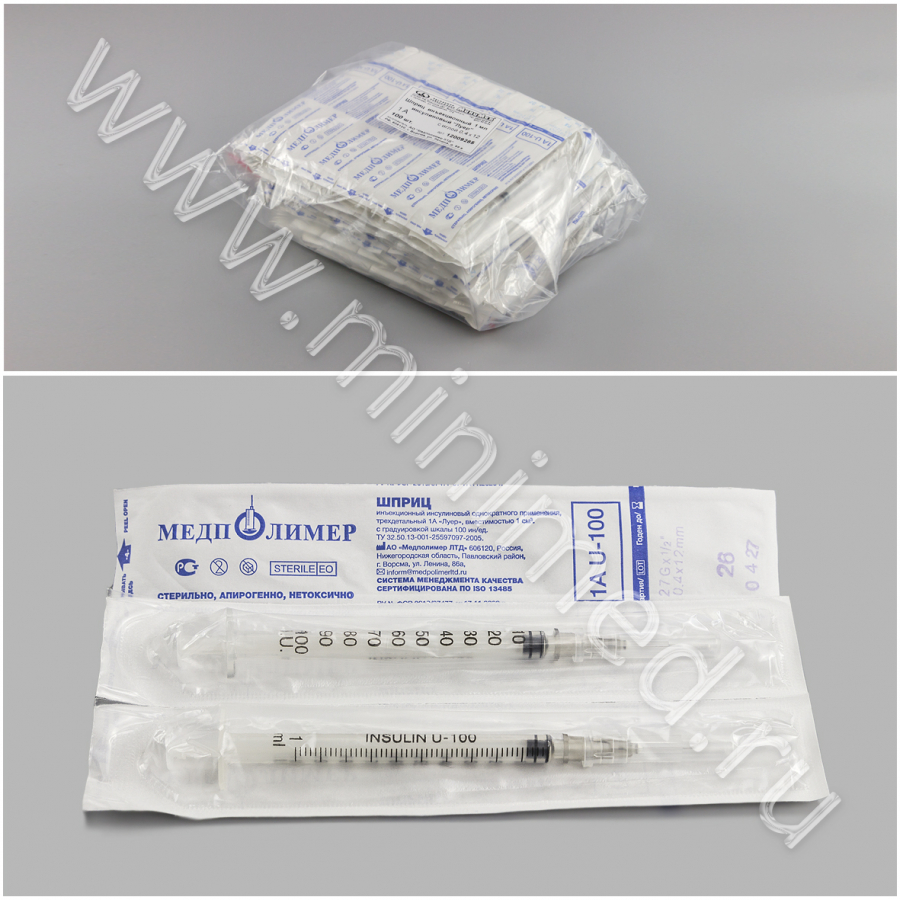 Шприц инъекционный инсулиновый однократного применения трехдетальный 1А "Луер" , вместимостью 1см3, с градуировкой шкалы 100 ин/ед, с иглой 0,4*12, уп.100/900шт Шприц инъекционный инсулиновый однократного применения трехдетальный 1А "Луер" , вместимостью 1см3, с градуировкой шкалы 100 ин/ед, с иглой 0,4*12, уп.100/900шт