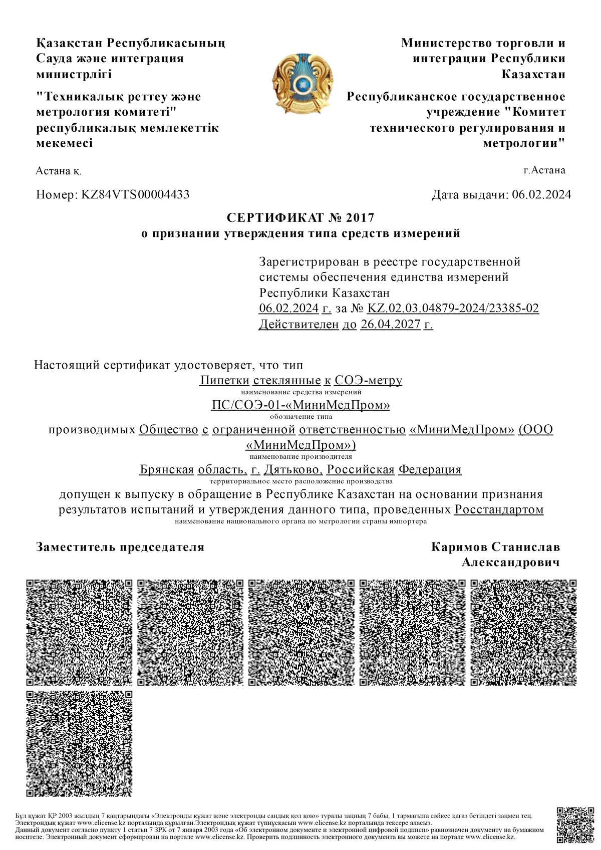 Пипетки стеклянные к СОЭ-метру ПС-СОЭ-01 ММП. СТСИ Казахстан до 26.04.2027