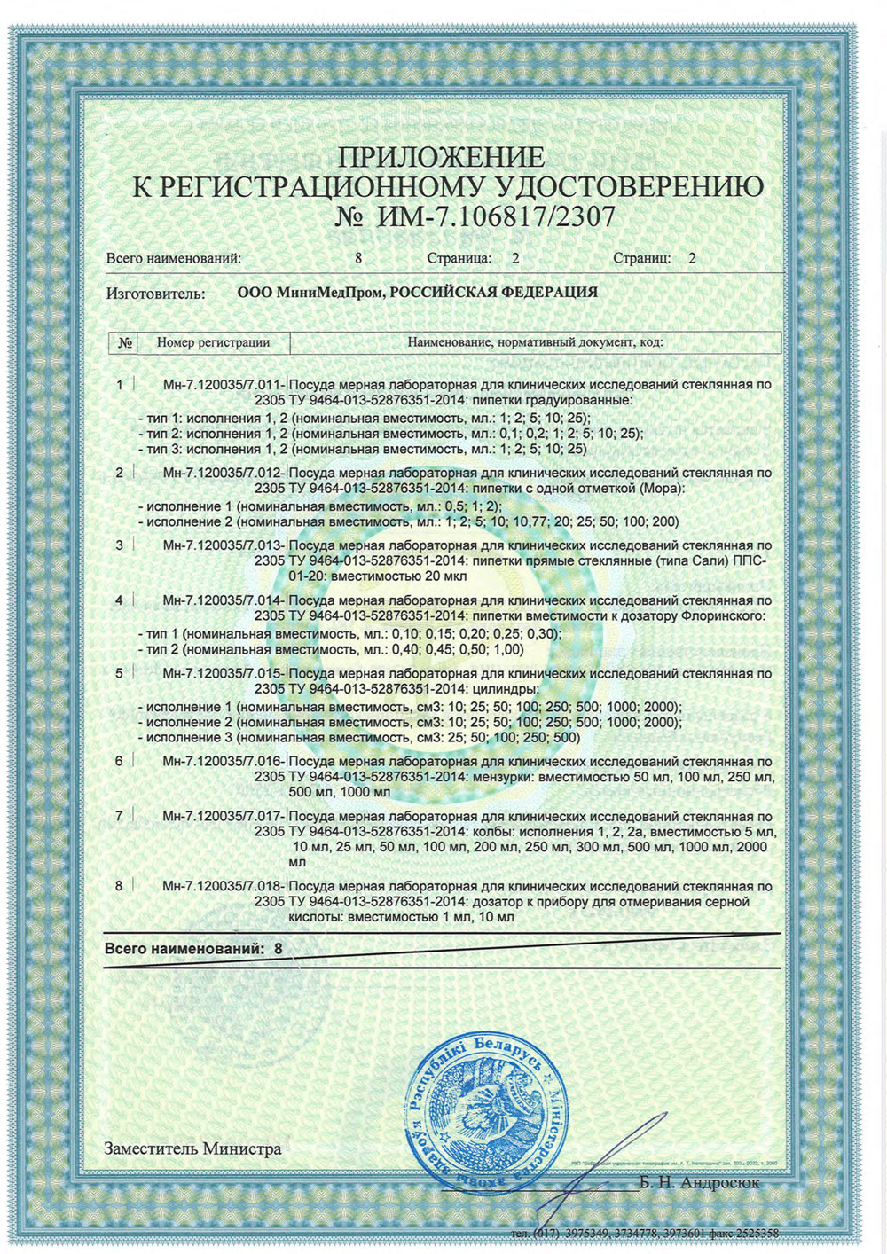 Посуда мерная лабораторная стеклянная. МиниМедПром. Беларусь. РУ-2