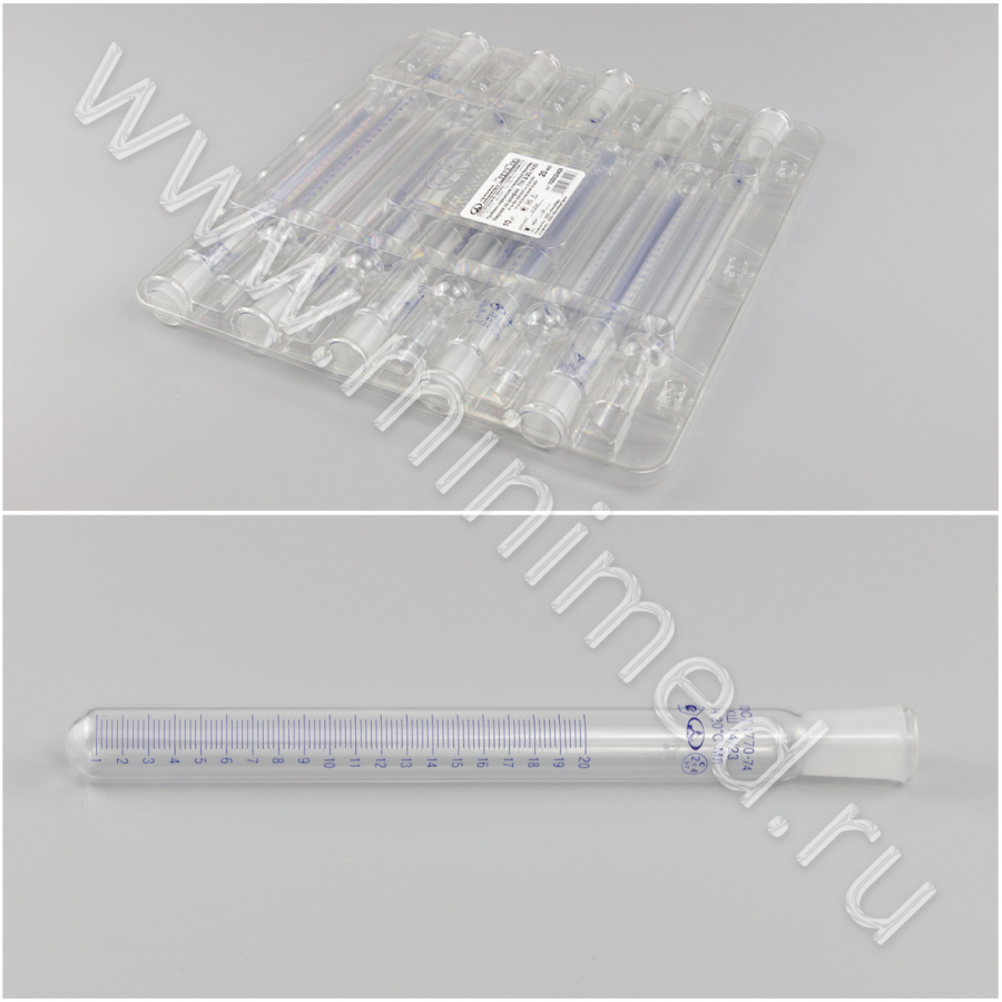 Пробирки медицинские стеклянные МиниМед по ТУ 32.50.50-039-29508133-2023: Пробирка мерная со шлифом ПМ-2-20-14/23, уп.10шт/кор.60 шт  Пробирки медицинские стеклянные МиниМед по ТУ 32.50.50-039-29508133-2023: Пробирка мерная со шлифом ПМ-2-20-14/23, уп.10шт/кор.60 шт