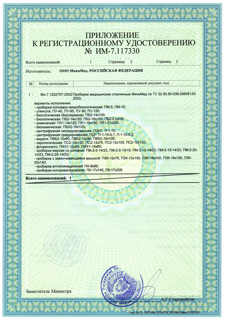 Пробирки лабораторные стеклянные. МиниМед. Беларусь. РУ-2