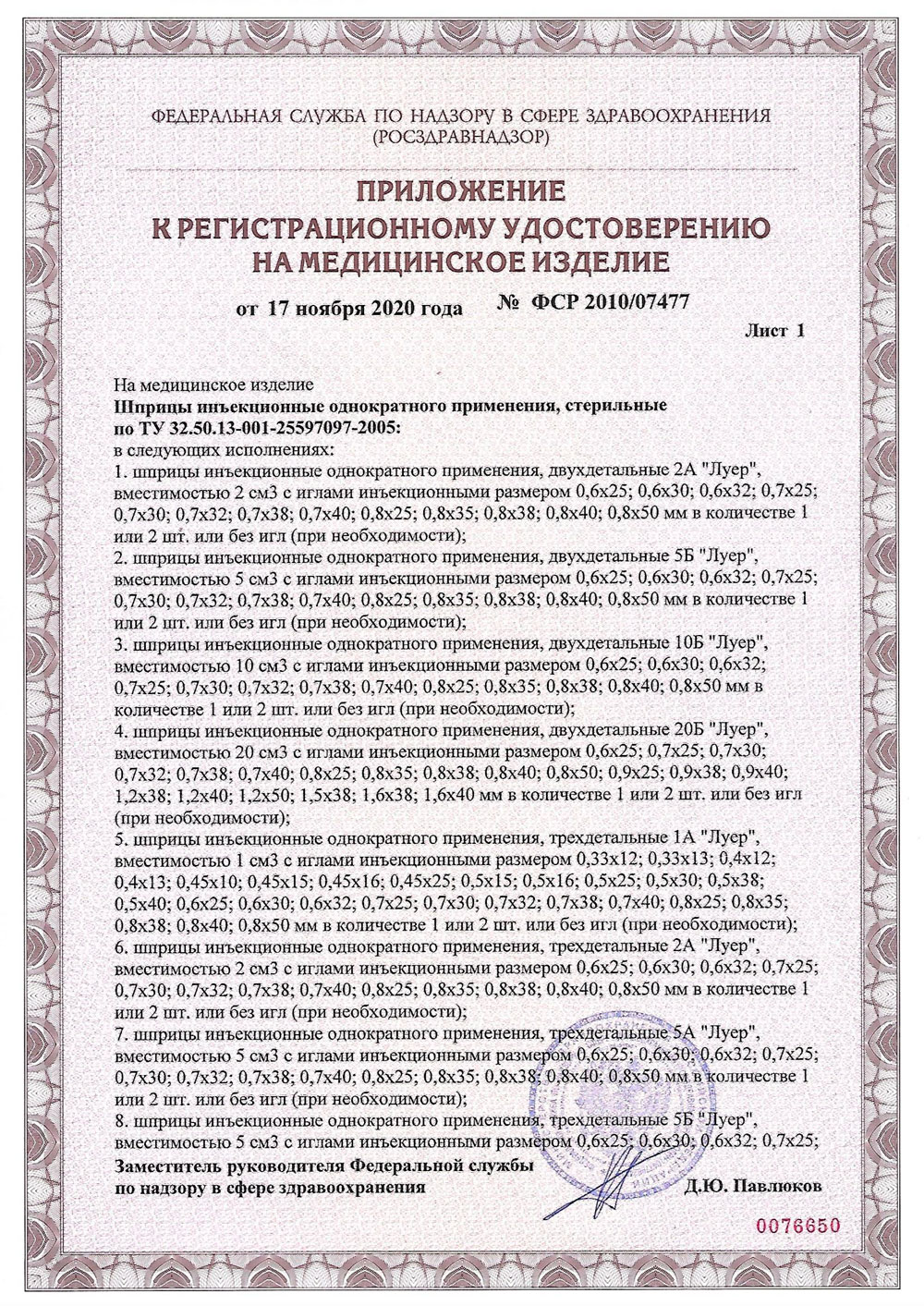 Шприцы инъекционные однократного применения, стерильные. Медполимер ЛТД. РУ-2