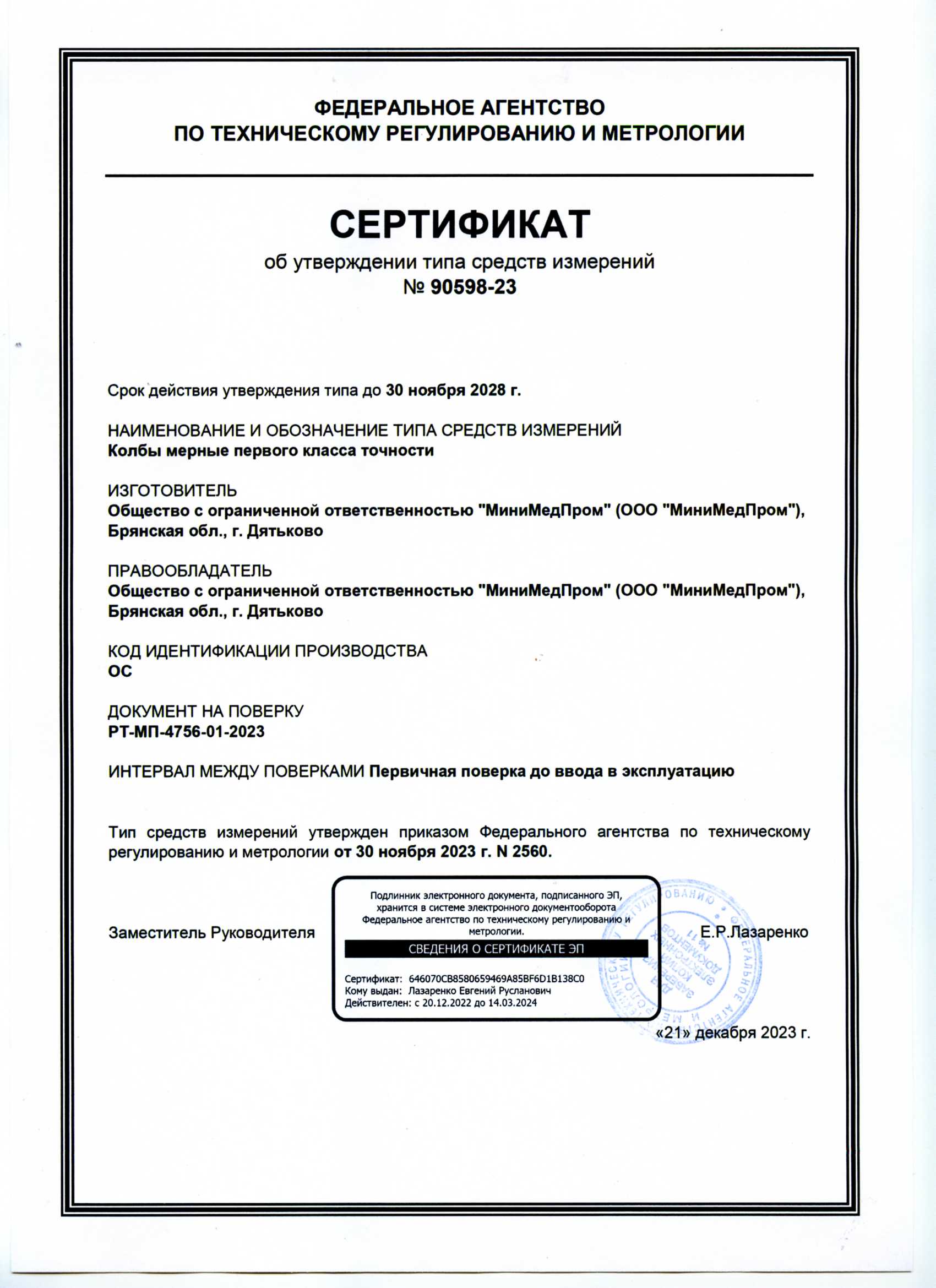 Колбы мерные первого класса точности. ММП. СТСИ до 30.11.2028