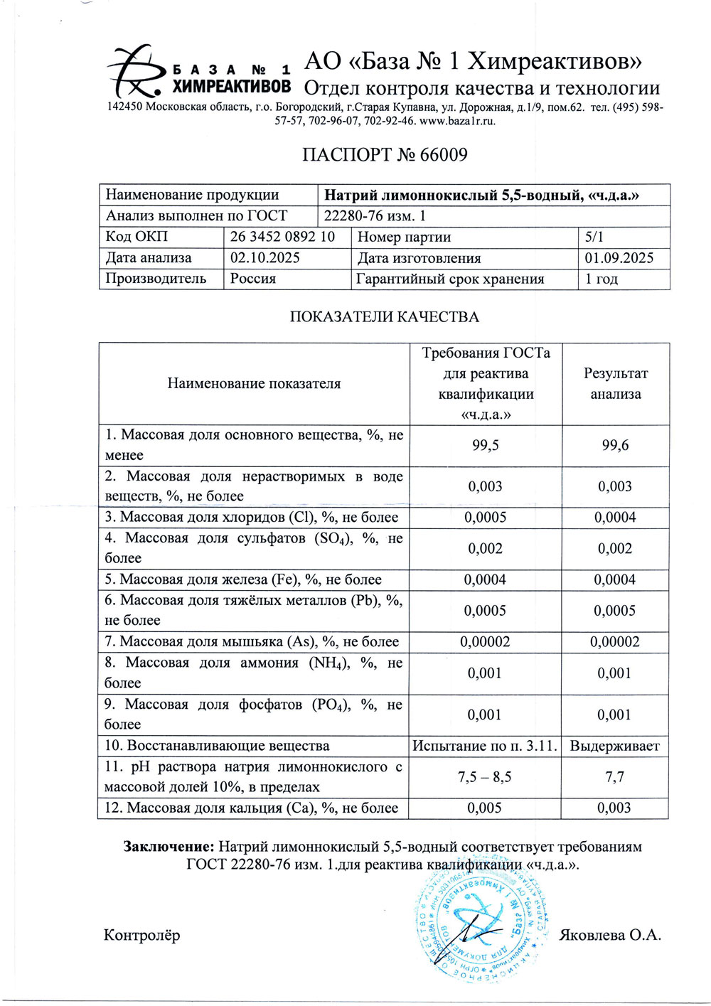 Натрий лимоннокислый 5,5-вод. чда, п. 5-1 от 01.09.2025 (1 кг)