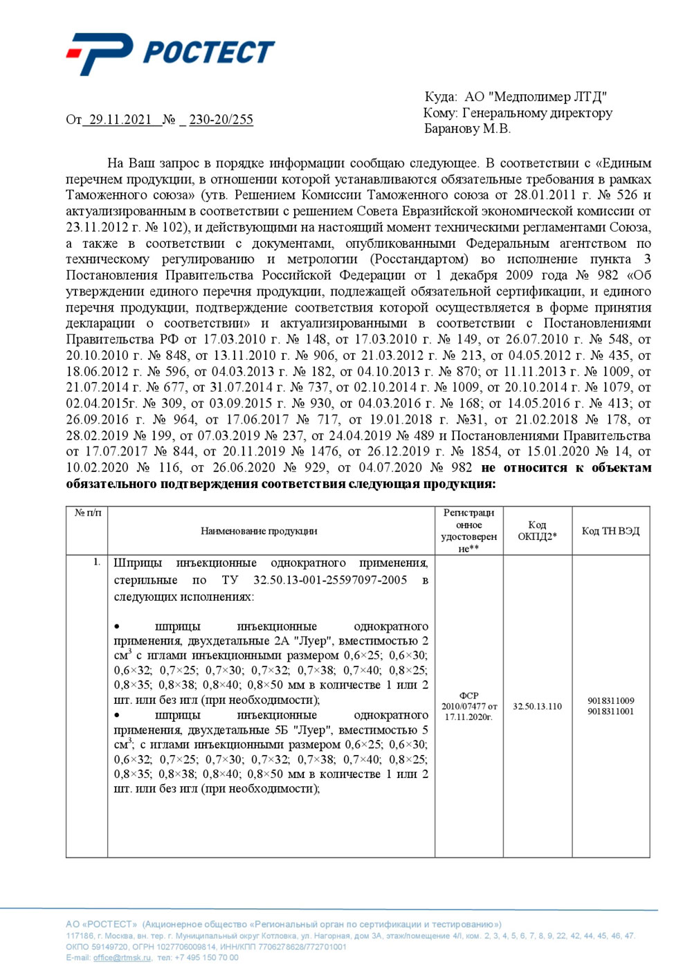 Шприцы инъекционные однократного применения, стерильные. Медполимер ЛТД. Отказное