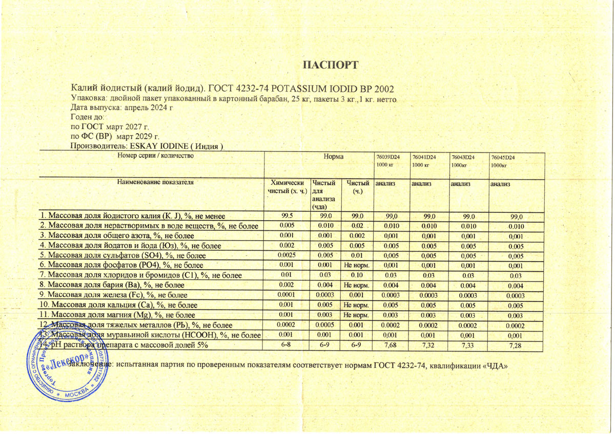Калий йодистый чда, от 04.2024 (0,1 и 0,5 кг)