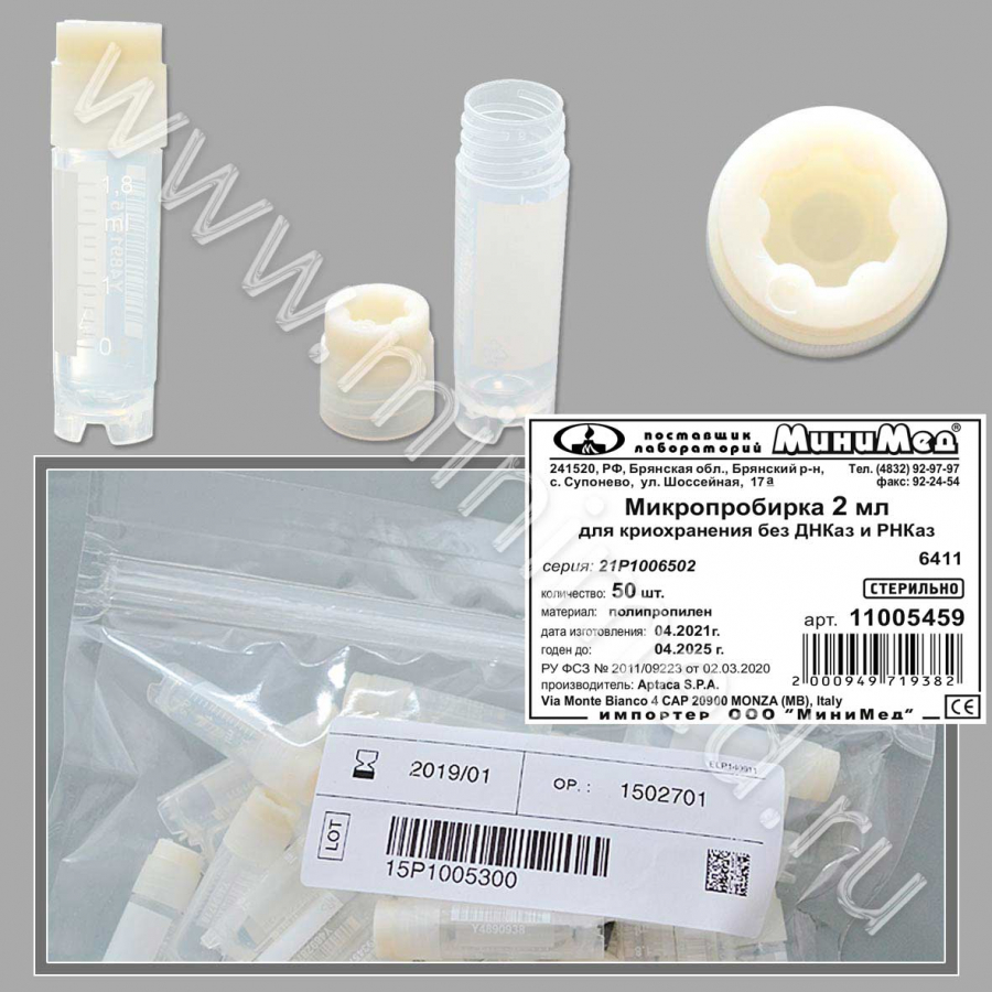 Микропробирка для криохранения 2 мл,с внеш.резьбой,диам.12,6*47 мм,стерильная,п/п, без ДНКаз и РНКаз, уп.50шт./500 шт., Aptaca Микропробирка для криохранения 2 мл,с внеш.резьбой,диам.12,6*47 мм,стерильная,п/п, без ДНКаз и РНКаз, уп.50шт./500 шт., Aptaca