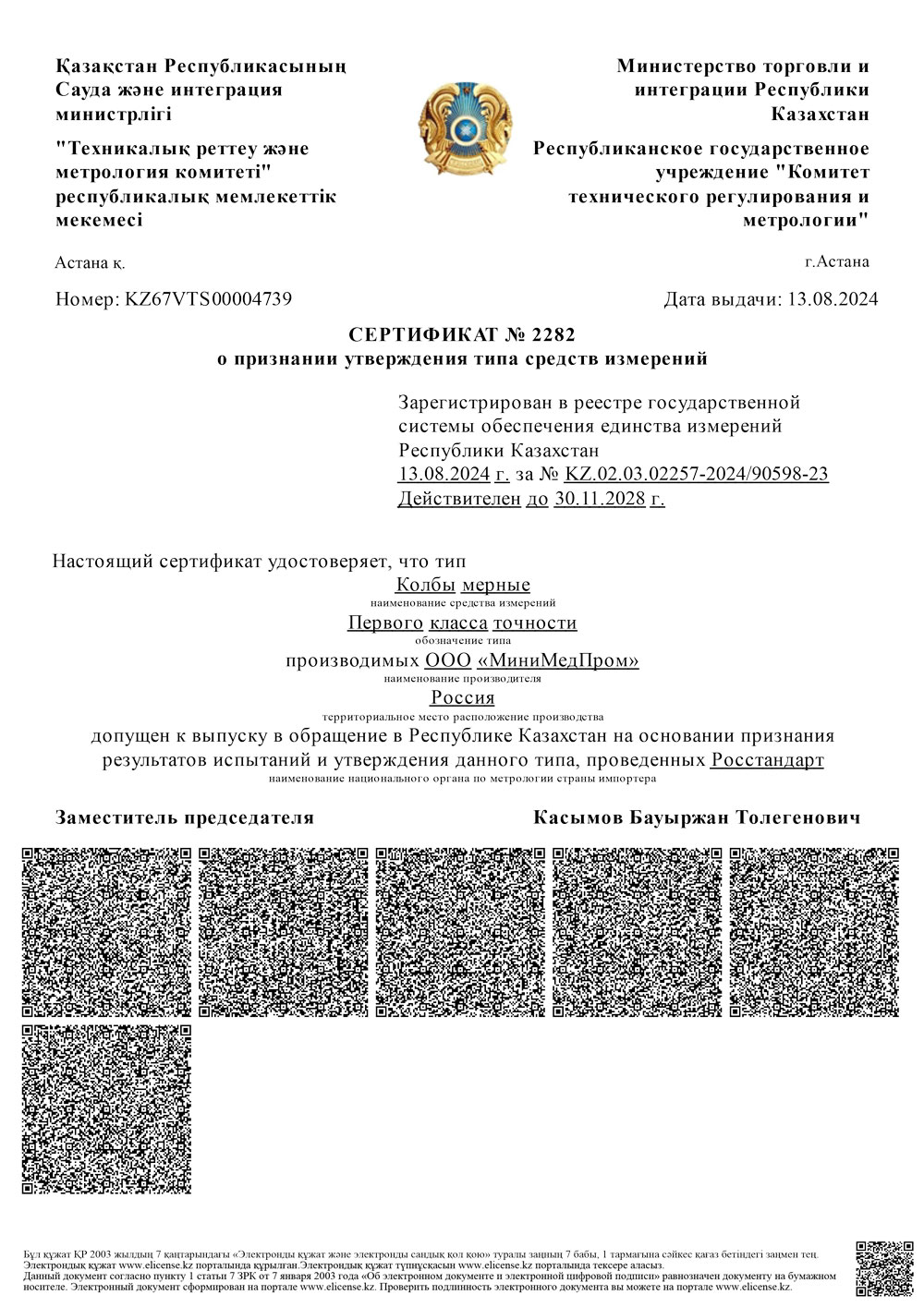 Колбы мерные 1-го класса точности. ММП. СТСИ Казахстан до 30.11.2028