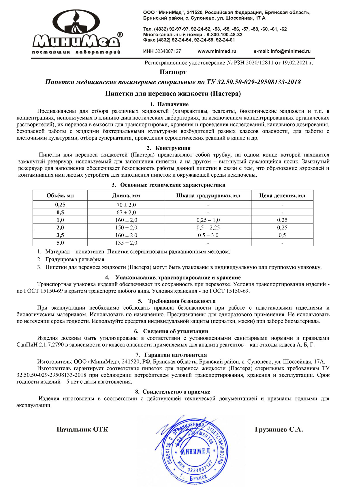 Пипетки для переноса жидкости (Пастера), стерильные. МиниМед. Паспорт