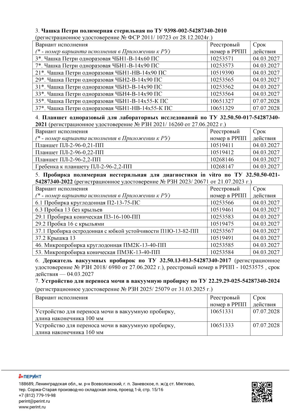 Реестровые номера из РРПП на Медицинские изделия АО Перинт. Инф. письмо-3