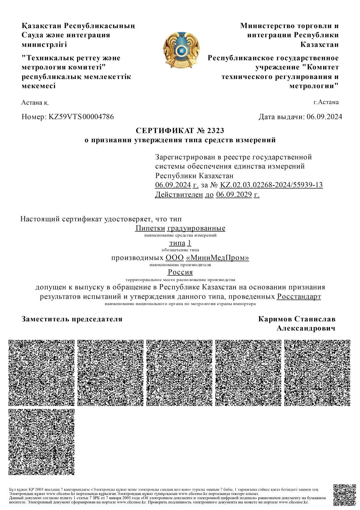Пипетки градуированные тип 1. ММП. СТСИ Казахстан до 06.09.2029