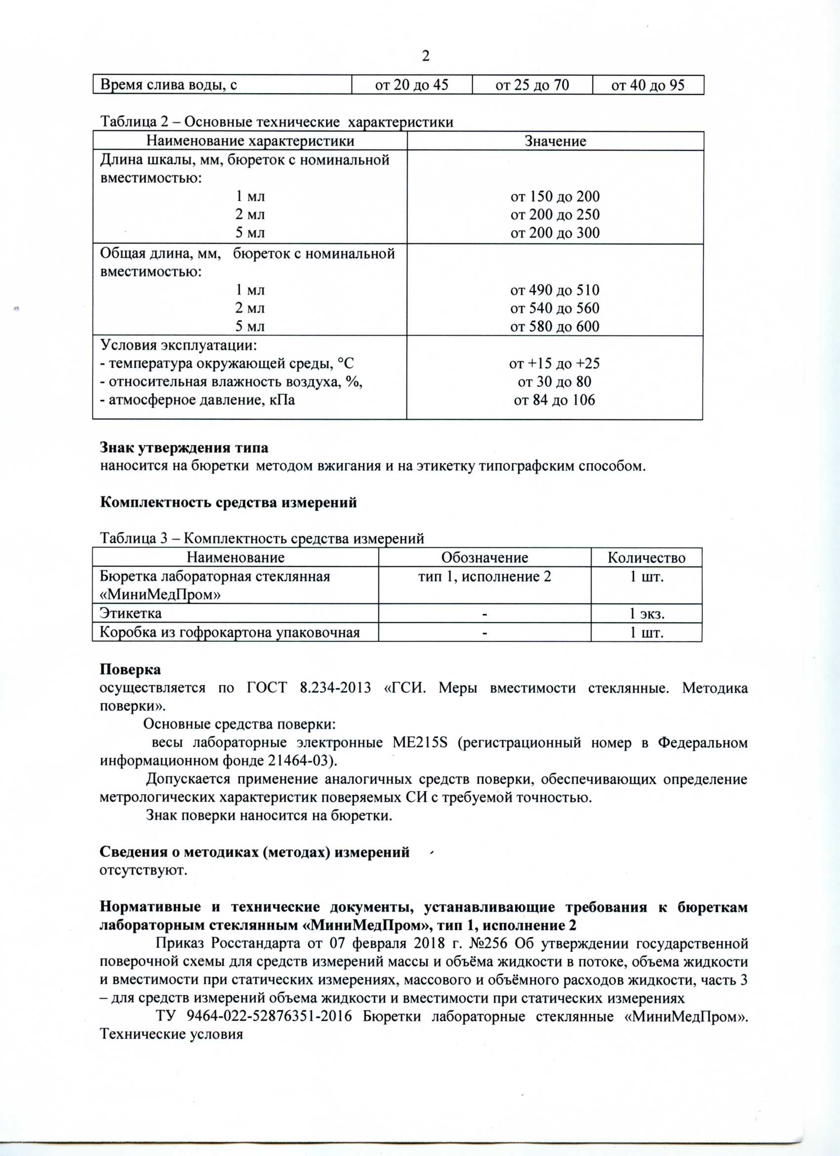 Бюретки лабораторные стеклянные ММП тип 1 исп. 2. Сертификат об утверждении ТСИ.